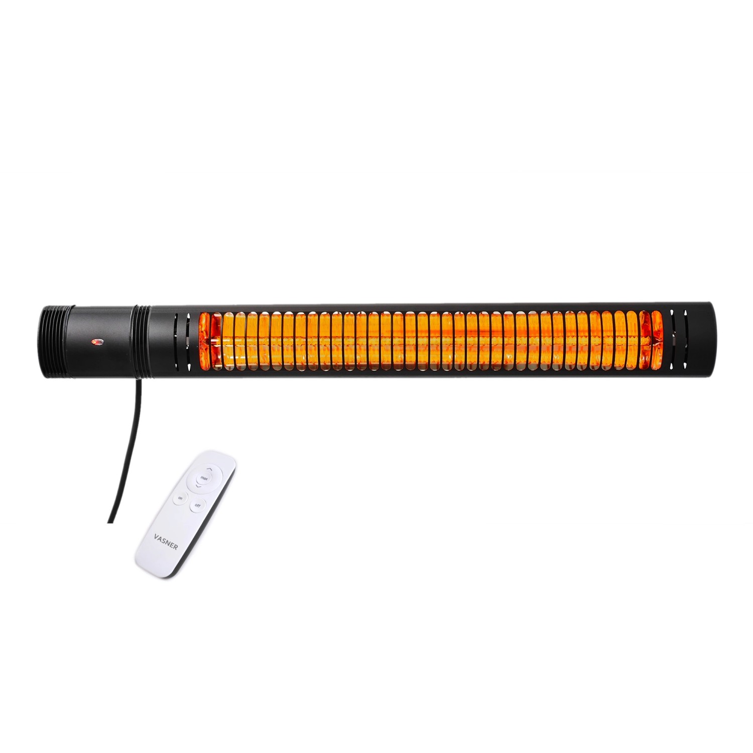 Schwarzer VASNER SlimLine X20 Infrarot-Heizstrahler mit Fernbedienung.