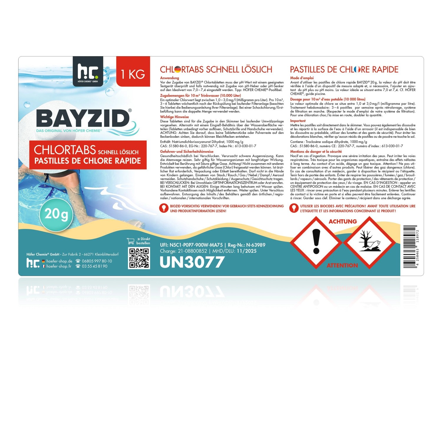 Bayzid Chlortabs, 1 kg Dose mit schnell löslichen 20g Chlor Tabletten zur Poolreinigung.