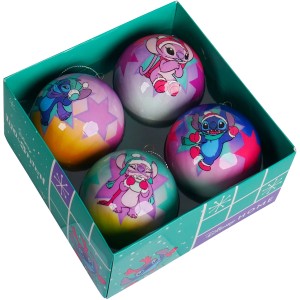 Disney Weihnachtskugel-Set Stitch, 4 bunte Baumkugeln mit Stitch Motiven im türkisen Karton.