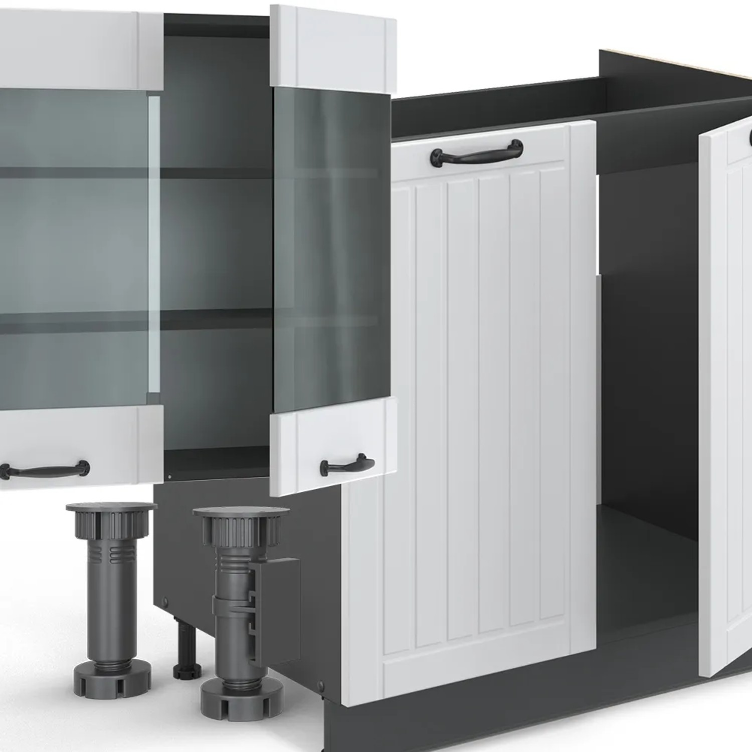 Vicco Fame-Line Küchenzeile, Landhausstil, Weiß/Anthrazit, 300 cm, ohne Arbeitsplatte.