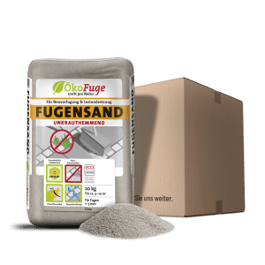 Grauer ökofuge Fugensand 20kg im Sack, geeignet für Pflaster- und Plattenbeläge.