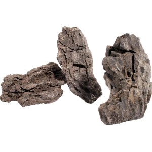 Graue Minilandschaft aus porösen Felsen für die Aquariendekoration.