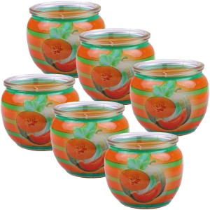 6er-Pack HS Candle Duftkerzen Fresh Melon im Glas mit Melonen-Motiv.