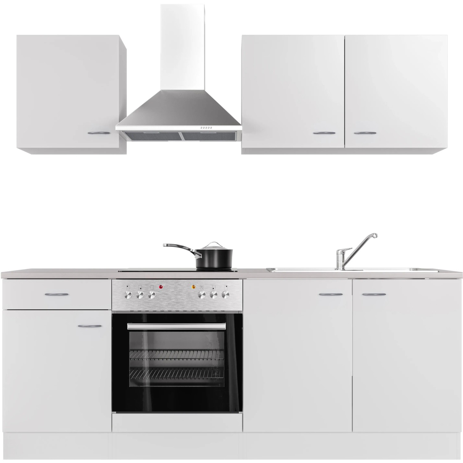Weiße Flex-Well Küchenzeile Wito 210 cm mit E-Geräten und Spüle.