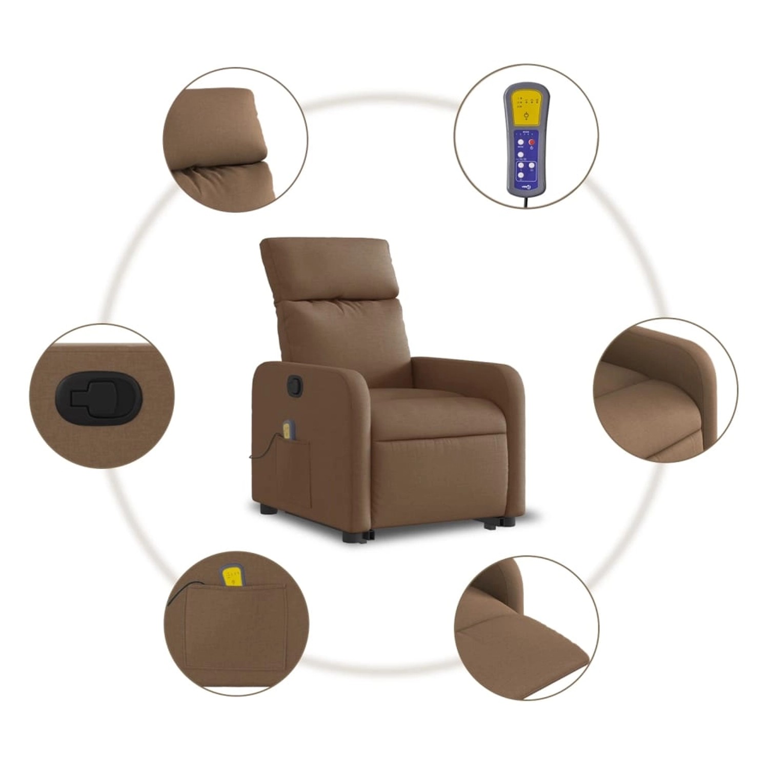 Brauner Massagesessel mit Aufstehhilfe und Fernbedienung, Details hervorgehoben.