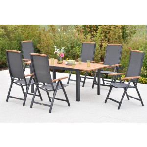 Merxx Siena 7-tlg. Gartenmöbel-Set mit Ausziehtisch und 6 Klappsesseln aus Akazienholz und Textil.