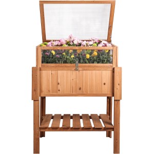 Needs&wants Hochbeet Covygrow1 mit Frühbeetaufsatz, braunes Tannenholz, bepflanzt.