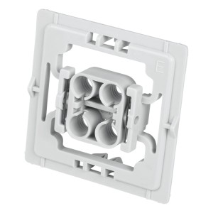 Grauer Homematic IP Adapter für ELSO Joy Schalterserie. Quadratischer Kunststoffrahmen mit vier Öffnungen für Hausautomation.
