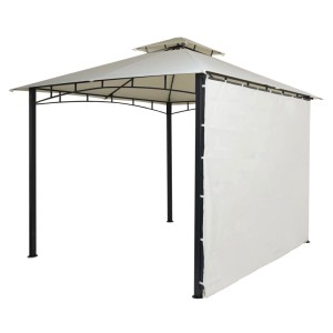 Creme-beige MCW Pergola F94 aus Stahl mit beweglicher Seitenwand und zweistufigem Dach. Sonnenschutz.