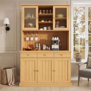 Merax Buffetschrank Natur 120x191cm mit Glastüren, Gläserhalter, Schubladen. Hochschrank für Küche & Esszimmer.