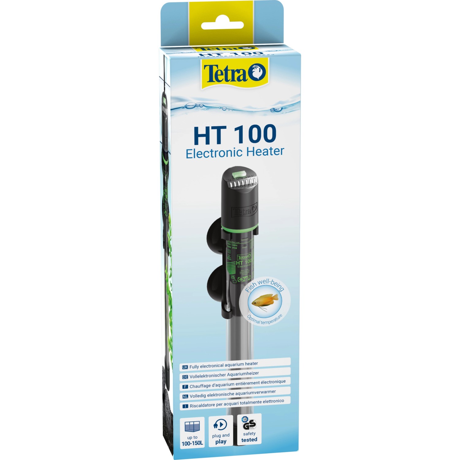 Verpackung des Tetra Aquarienheizer HT Heater Electronic 100 W. Aquarium Heizung mit Temperaturregler.