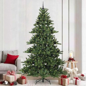 Geschmückter, künstlicher, klappbarer Weihnachtsbaum mit 300 LEDs und schwarzen Kugeln, Höhe 240 cm.