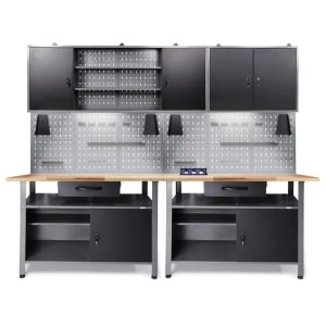 Ondis24 Werkstatt Set Klaus 240cm mit Werkbänken, Schränken, Lochwand, LED und Steckdose.