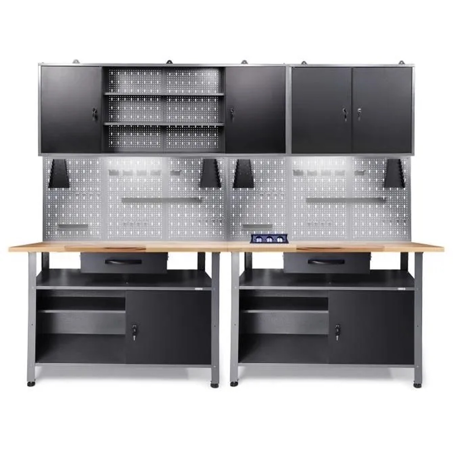 Ondis24 Werkstatt Set Klaus 240cm + 2 Schränke 160/80 LED Steckdose