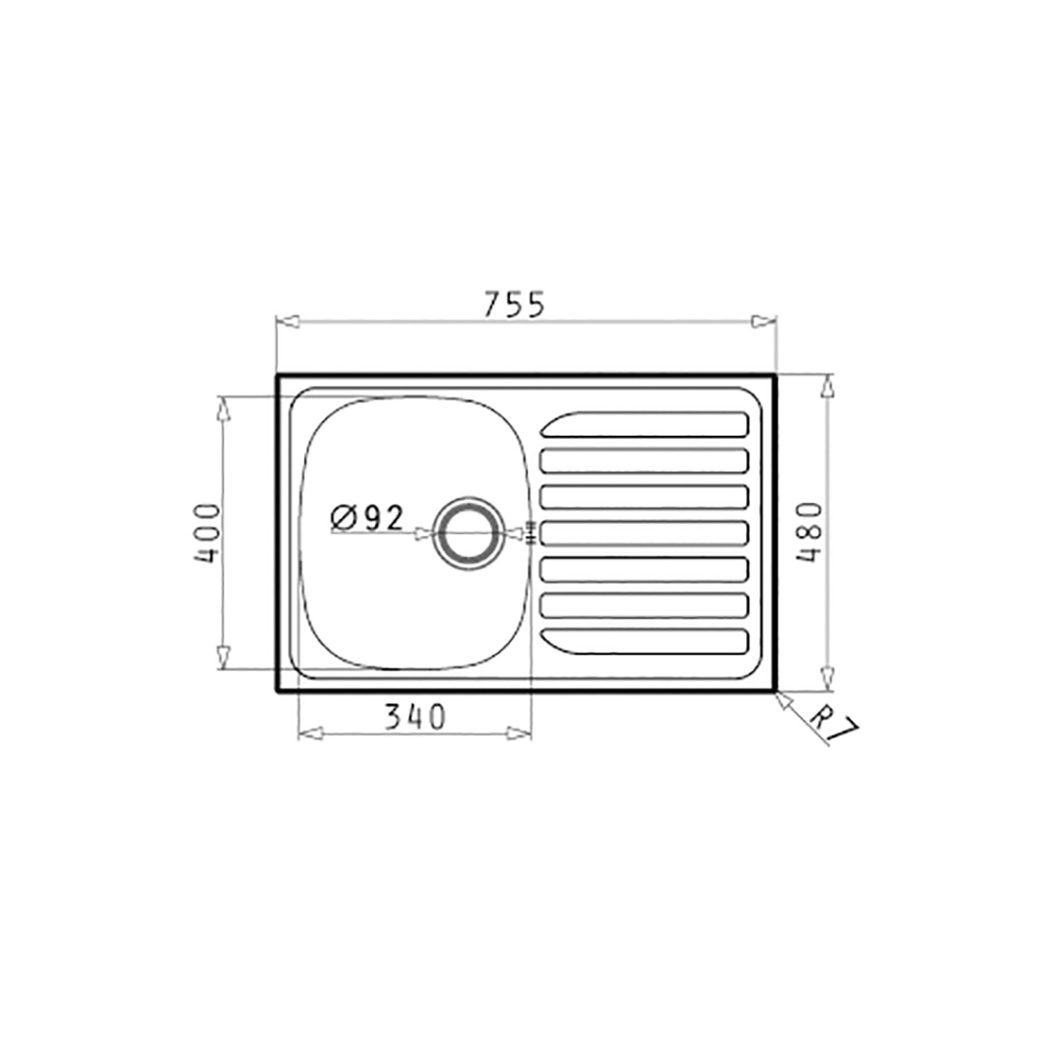Technische Zeichnung der Pyramis Einbauspüle Creta Flat aus Edelstahl mit Maßangaben.