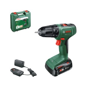 Grüner Bosch Akku-Bohrschrauber EasyDrill 18V-38 mit Akku, Ladegerät und Koffer für vielseitige Anwendungen.