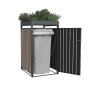 Westmann Mülltonnenbox Planta, anthrazit/Holzoptik, mit Pflanzdach und geöffneter Tür.