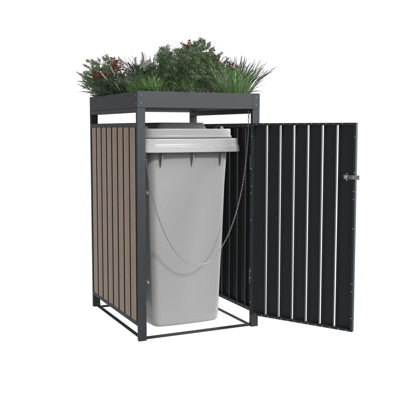 Westmann Mülltonnenbox Planta, anthrazit/Holzoptik, mit Pflanzdach und geöffneter Tür.