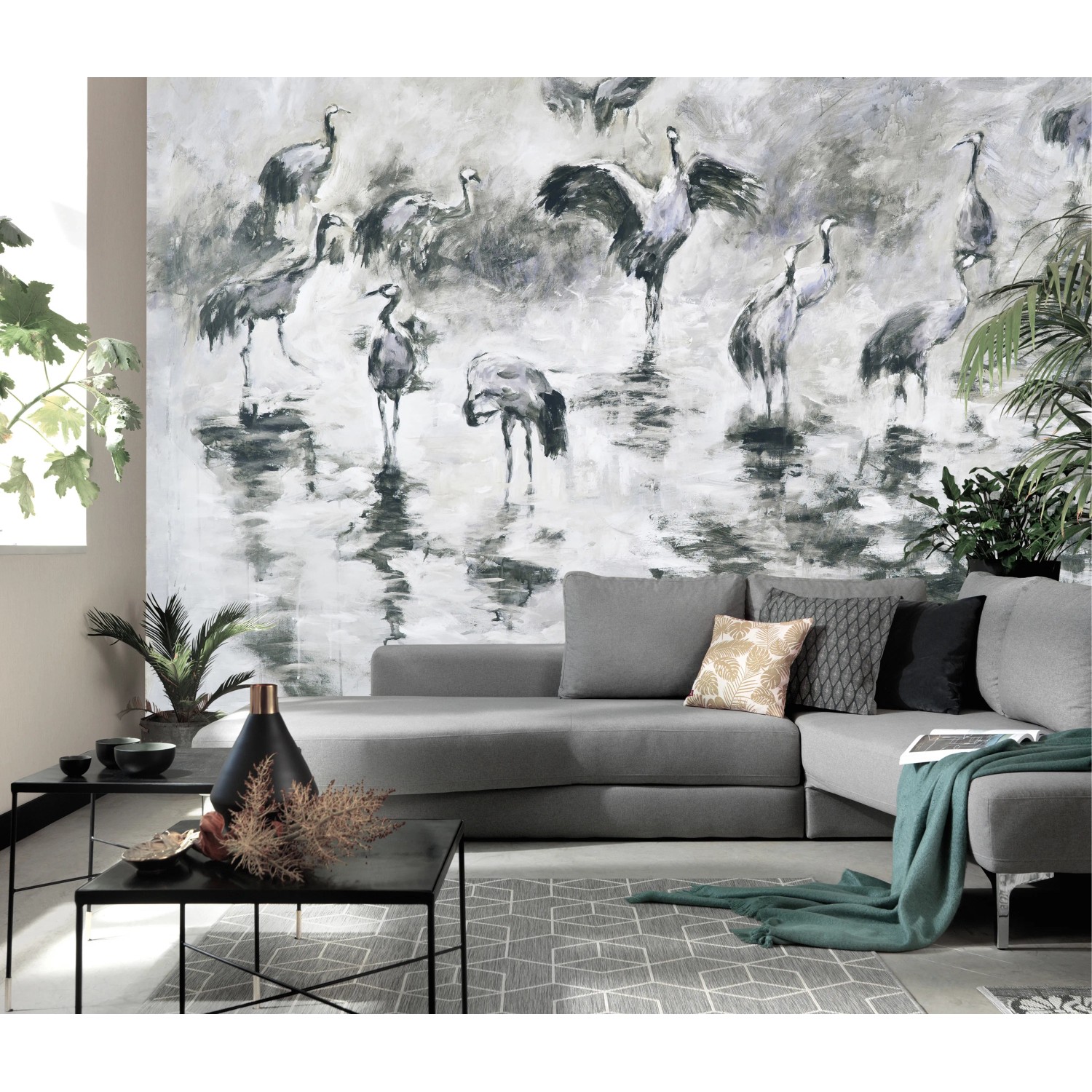 Erismann Fototapete Guido Maria Kretschmer Kraniche Grau 3,0x2,7m im Wohnraum.