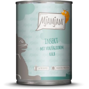 Mjamjam Katzen-Nassfutter Insekt mit Kalb, 400g Dose. Getreidefreies Alleinfutter mit Insektenprotein.