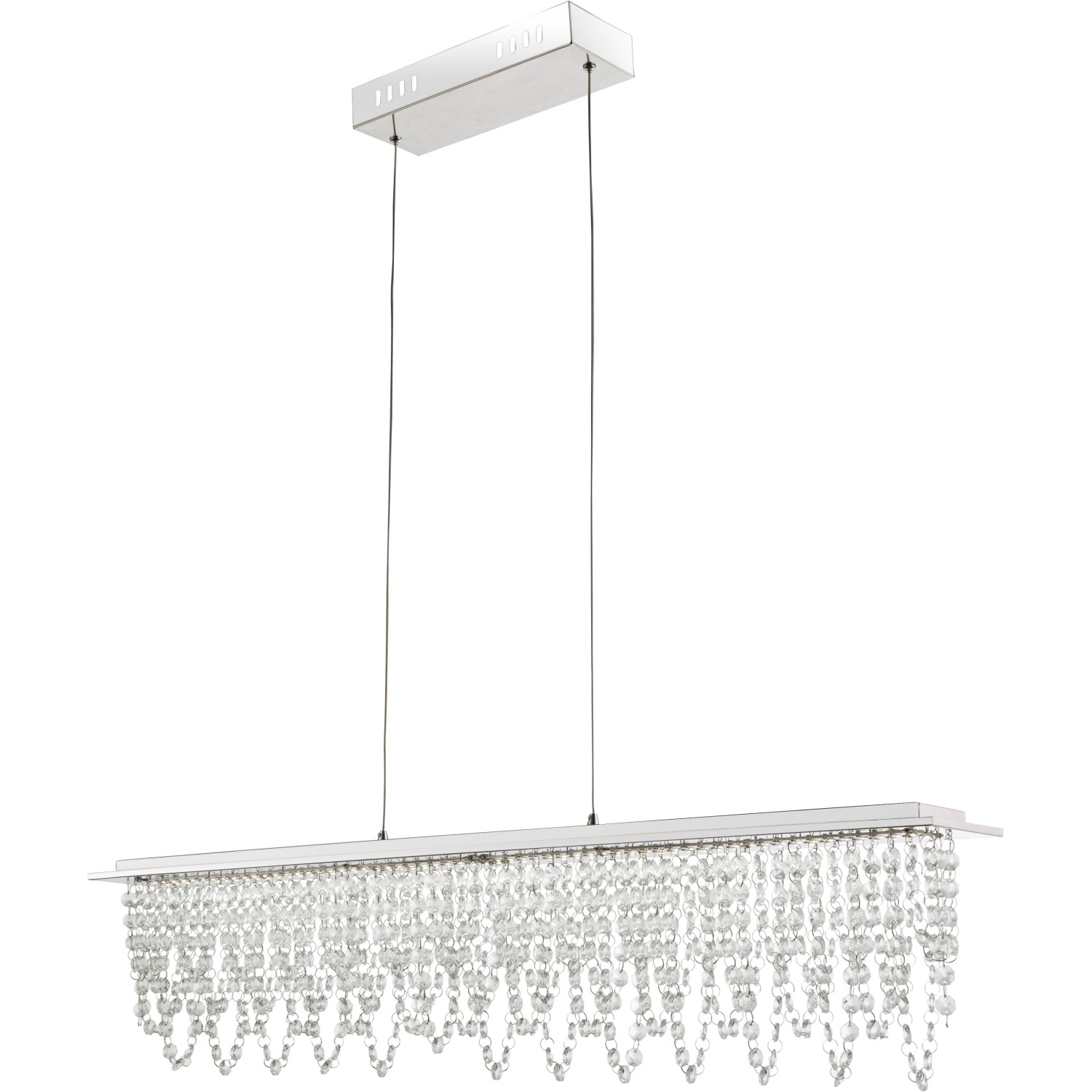Moderne LED-Pendelleuchte SCALA in Chrom mit Kristallbehang, dimmbar und mit Fernbedienung.