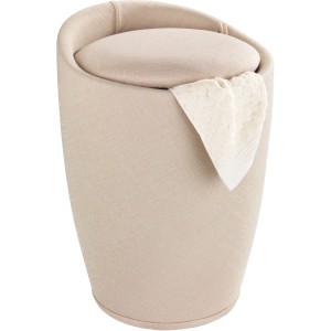 Beiger Badhocker Candy von Wenko mit Leinen-Optik und Handtuch. Praktischer Hocker und Wäschesammler.
