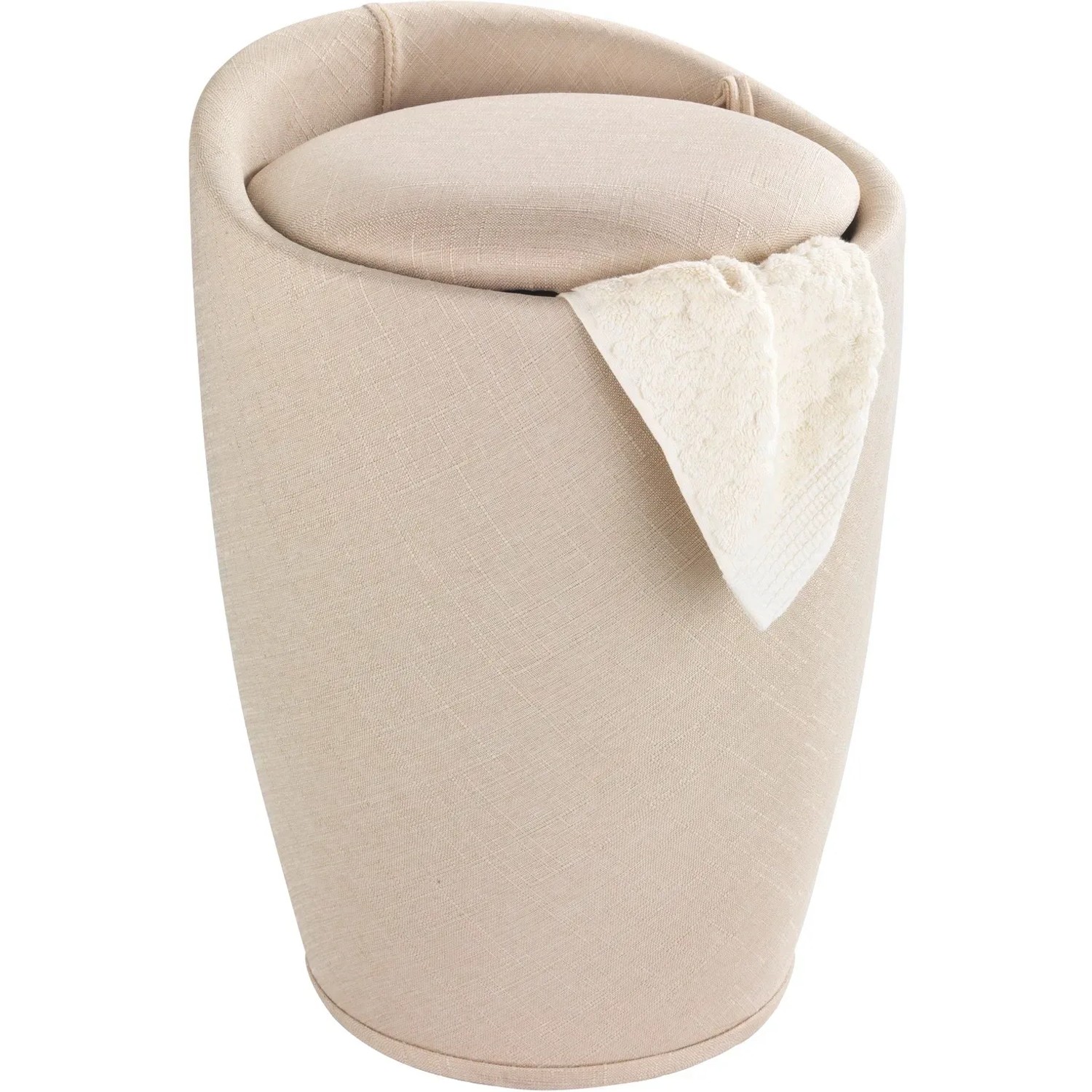 Beiger Badhocker Candy von Wenko mit Leinen-Optik und Handtuch. Praktischer Hocker und Wäschesammler.