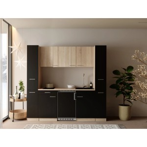 Moderne Respekta Ingrid Singleküche in Schwarz-Eiche-Optik mit Glaskeramikkochfeld, Kühlschrank und Spüle.