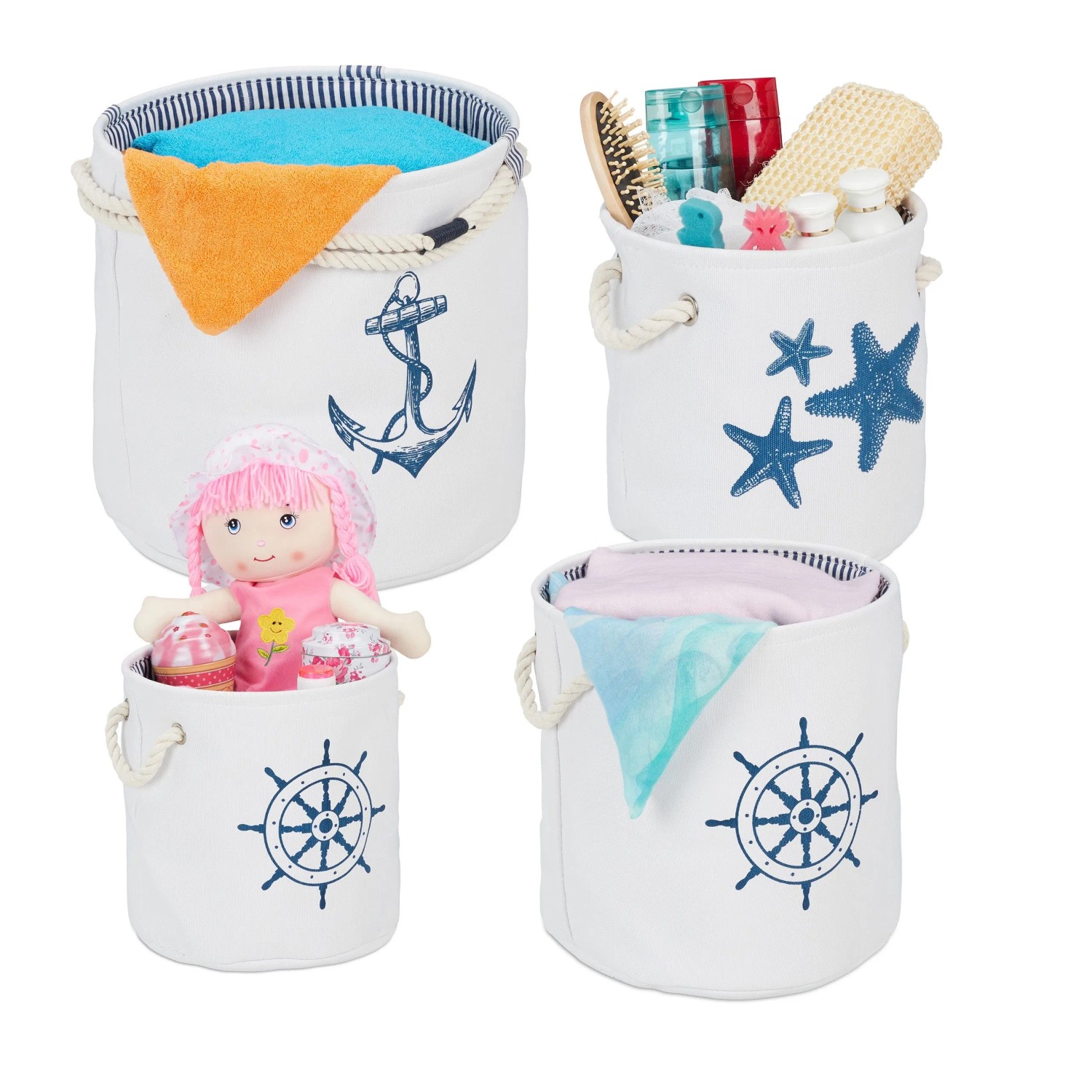 Relaxdays Aufbewahrungskorb Stoff Metall Blau Weiß mit Seilgriffen 4er Set