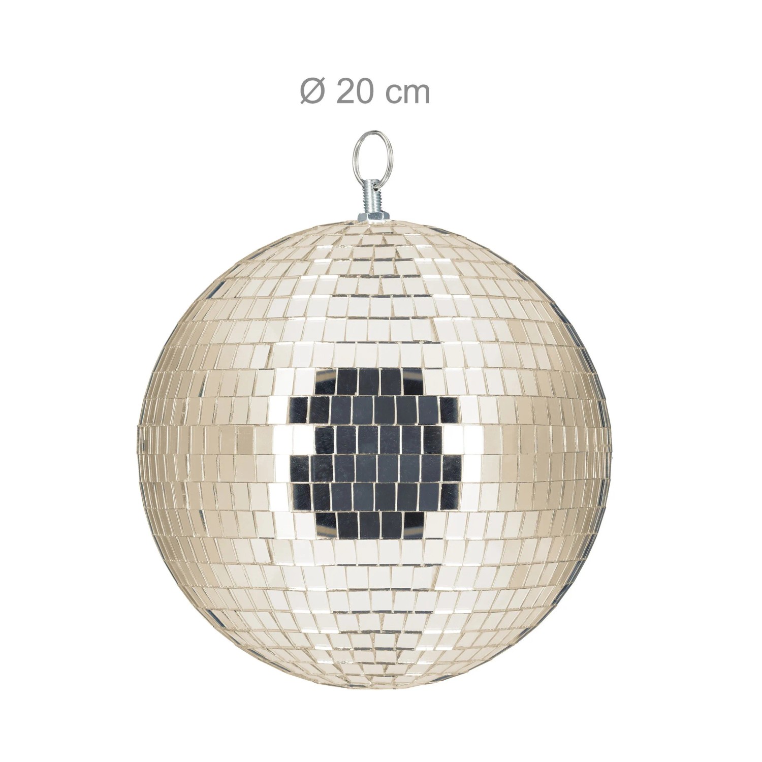 Champagnerfarbene Discokugel aus Glas, 20 cm Durchmesser, mit Metallöse zum Aufhängen für Party-Deko.