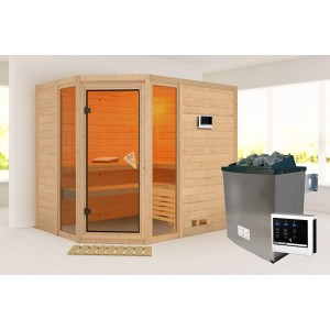 Karibu Sauna Sanna 3 Set mit Edelstahl-Ofen und externer Steuerung aus naturbelassenem Holz.