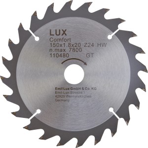 LUX HM-Kreissägeblatt, 150 mm Durchmesser, 24 Zähne für saubere Schnitte in Holz und Platten.