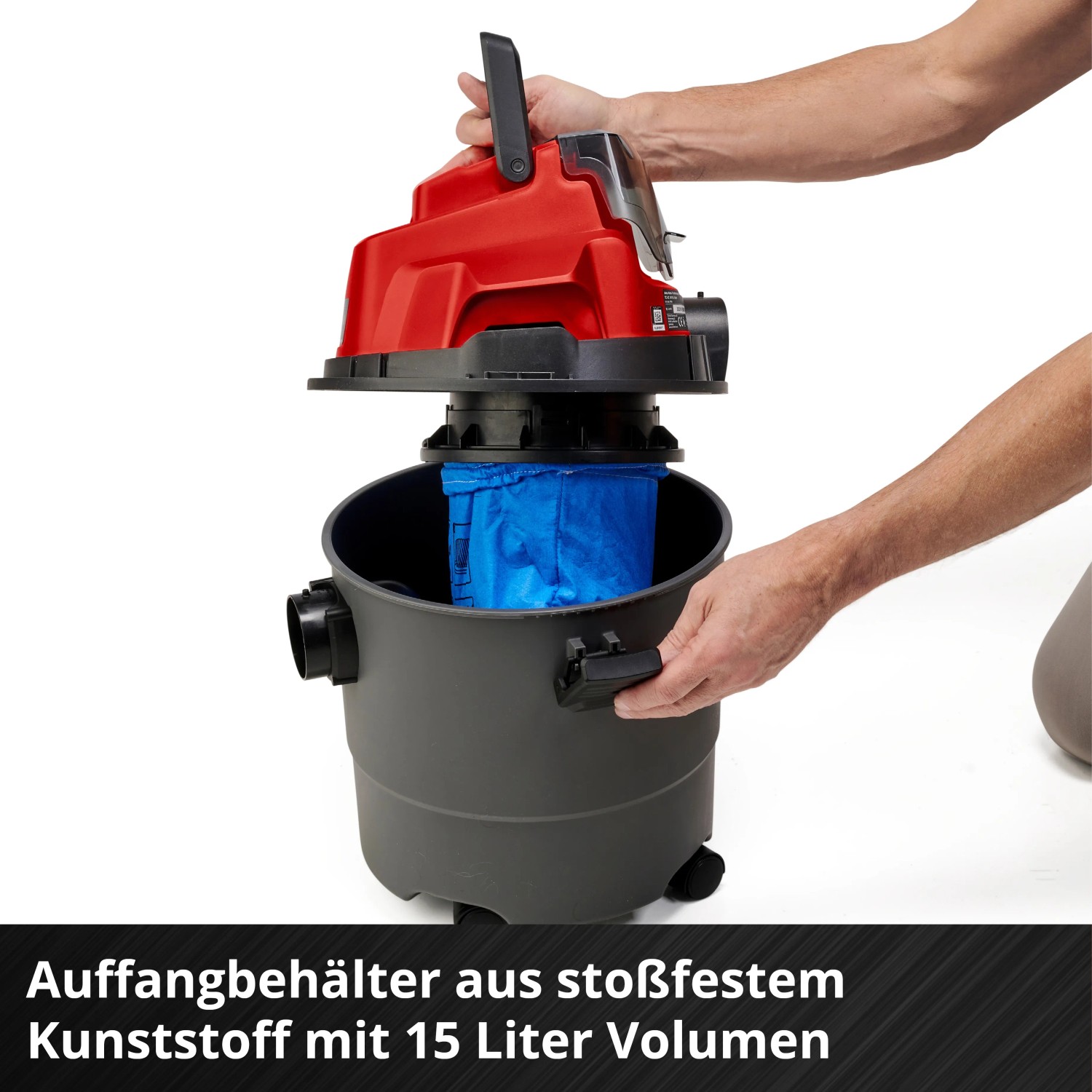 Einhell Akku-Nass-Trockensauger TC-VC 18/15 Li-Solo mit Behälter und Filter.