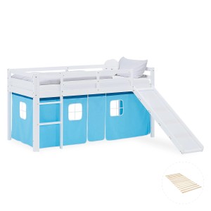 Weißes Kinder Hochbett mit Rutsche, blauem Vorhang und Lattenrost, 90x200 cm.