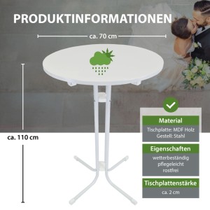 Weißer, klappbarer TRUTZHOLM Stehtisch aus Stahl, 70 cm Durchmesser, ideal für Partys und Events.