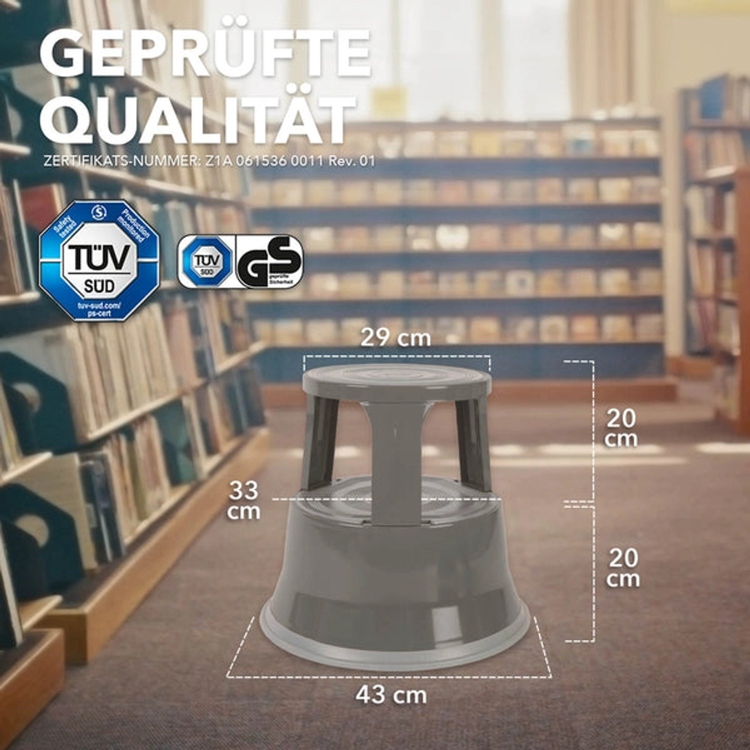 Grauer KARAT Rollhocker Elefantenfuß aus Stahl, ideal als Tritt für Büro oder Gewerbe, belastbar bis 150 kg.