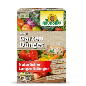 Packung Neudorff Azet Gartendünger 2,5 kg mit Gemüseabbildung. Organischer NPK-Dünger für den Garten.