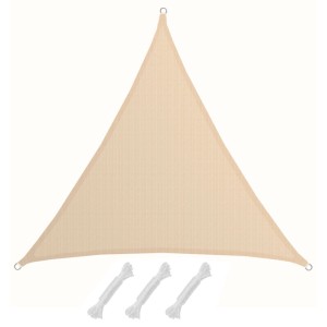 Beiges dreieckiges HDPE Sonnensegel 2x2x2m mit D-Ringen und drei weißen Seilen für Garten & Terrasse.