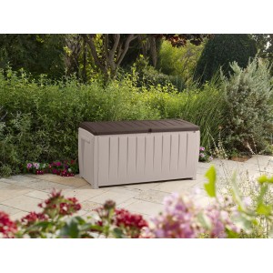 Keter Universalbox Novel Box, 340 L, beige/espresso, mit Sitzgelegenheit im Garten.