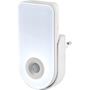 Weißes OBI LED-Nachtlicht mit Ladestation und Bewegungssensor.