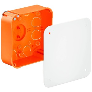 Kaiser Hohlwanddose Abzweigkasten, orange mit weißem Deckel.