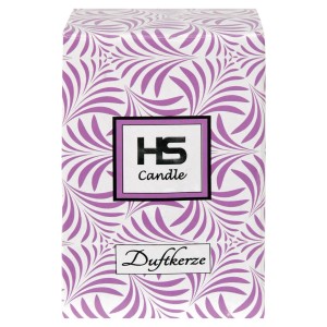 Verpackung der HS Candle Duftkerze Weihnachten Lila Bonbon mit floralem Muster.