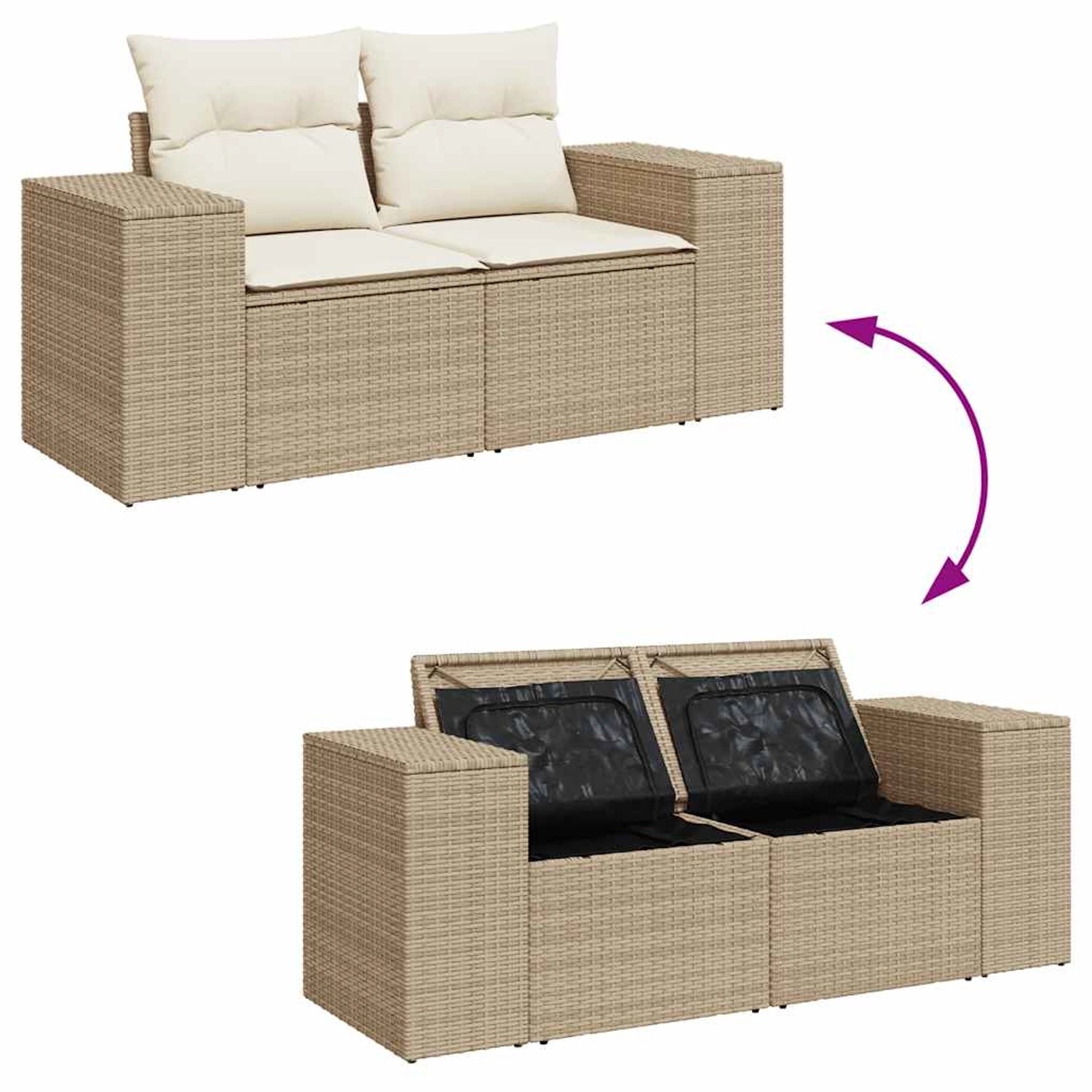 Beige 7-tlg. vidaXL Garten-Sofagarnitur aus Rattan mit Kissen, mit und ohne Stauraumfunktion.