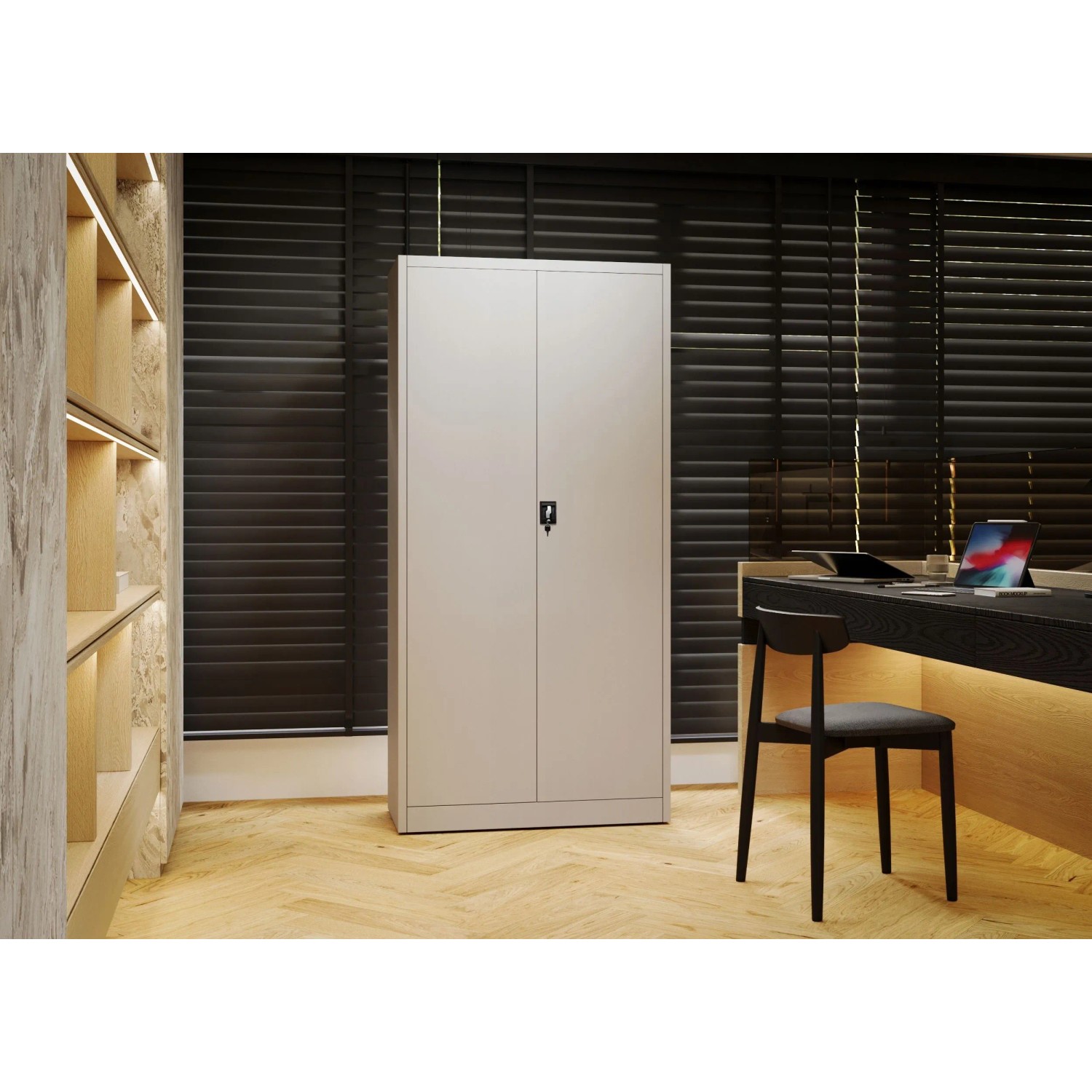 Weißer JAN NOWAK TOMASZ Aktenschrank aus Metall mit zwei Türen und Schloss in einem modernen Büro.
