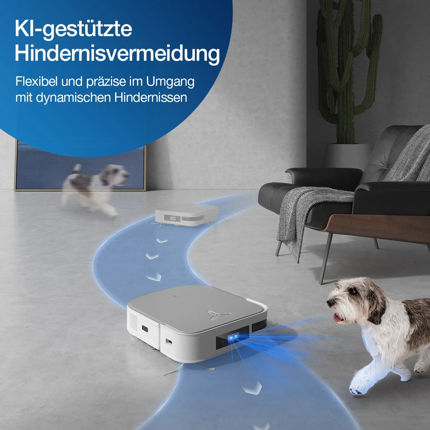 ECOVACS DEEBOT X2 OMNI Saugroboter umfährt Hindernisse wie einen Hund in einem Wohnzimmer.