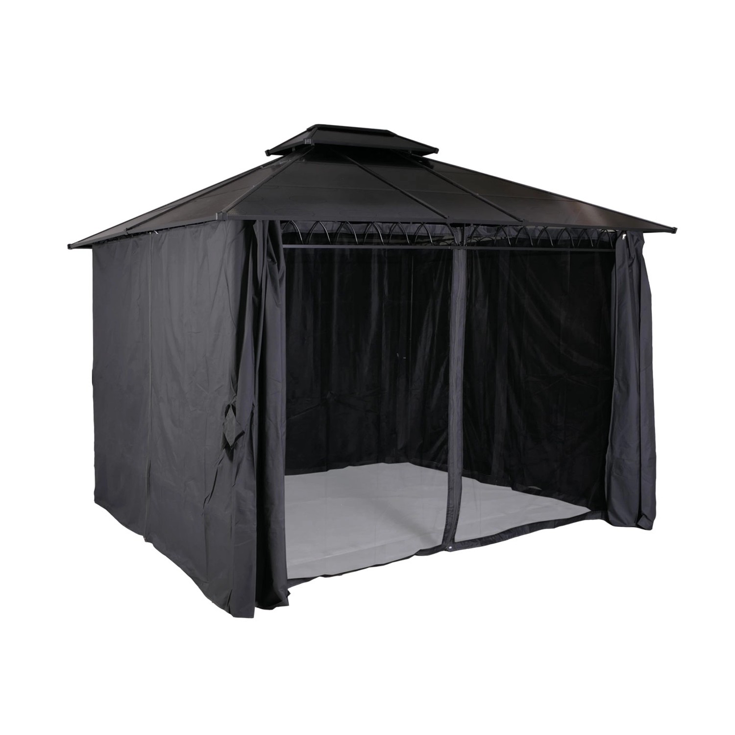 Graue MCW Hardtop Pergola M81 3,6x3m mit festem Dach und Seitenwänden.