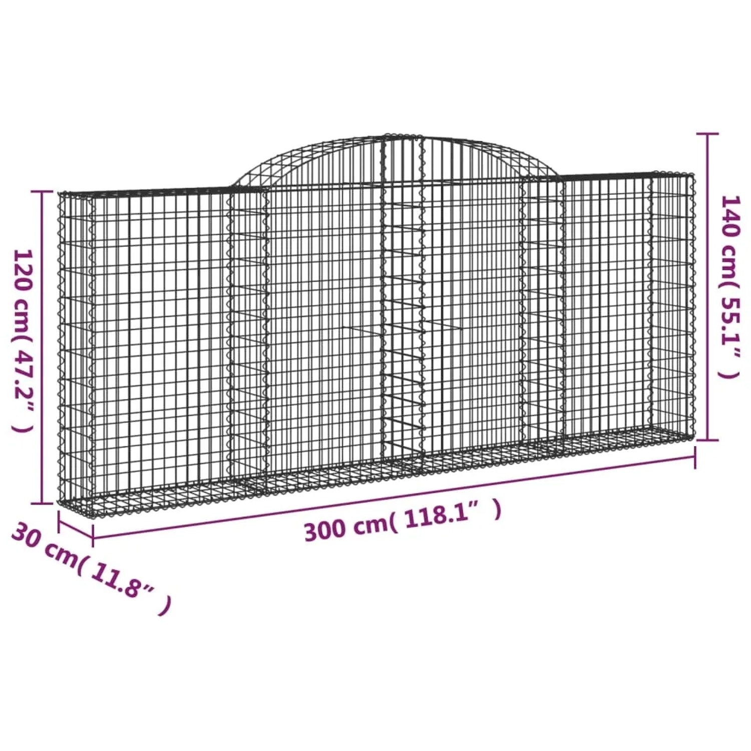 vidaXL Gabionen mit Hochbogen, 20 Stück, 300x30x120/140cm, aus verzinktem Eisen. Ideal als Hochbeet.