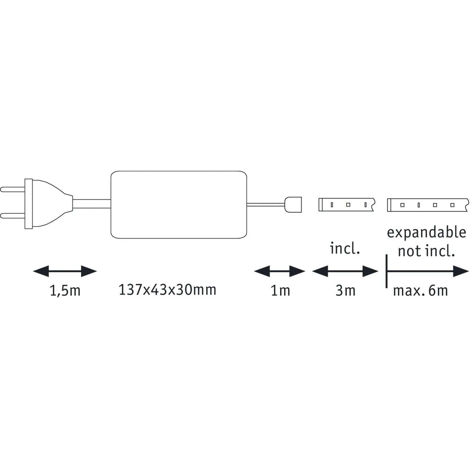 Skizze des Paulmann MaxLED 500 Basis-Sets, unbeschichtet, 3m, Tageslichtweiß, mit Maßangaben.