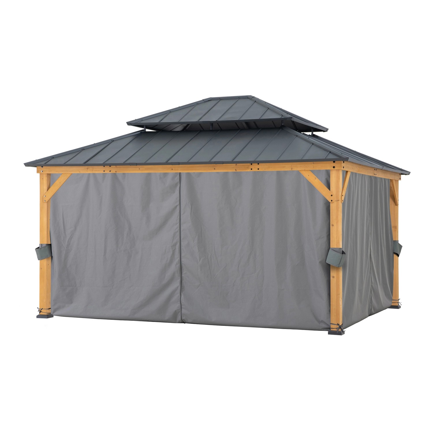 Sunjoy Pavillon Trivor aus Zedernholz mit anthrazitfarbenem Dach und grauen Vorhängen.