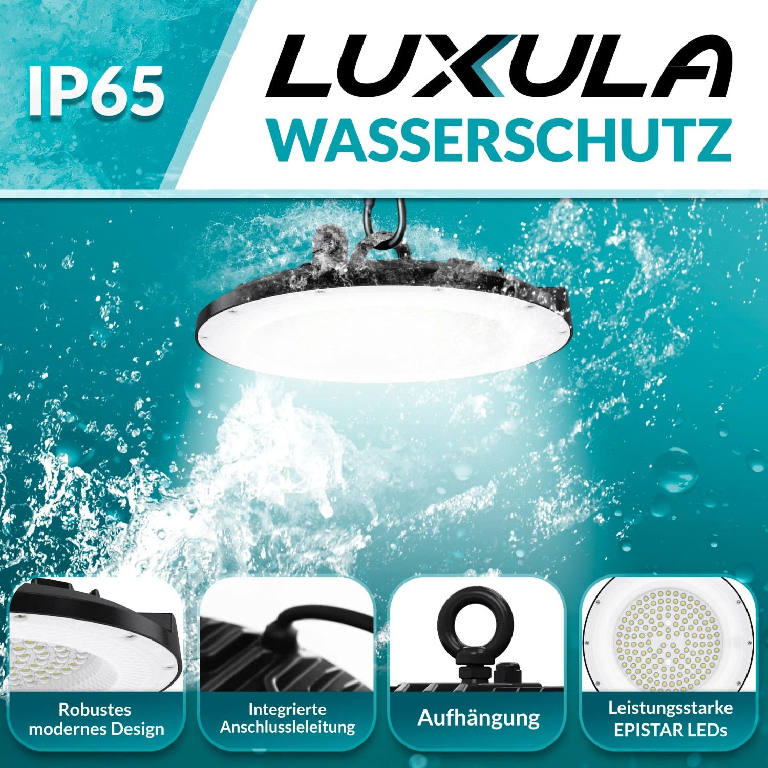 LUXULA LED UFO Hallenstrahler, 150W, wassergeschützt (IP65), neutralweißes Licht.